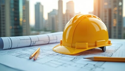 Yellow hard hat rests on construction blueprints with pencils. City skyline, skyscrapers visible in blurred background at sunset. Represents architectural planning, engineering, urban development