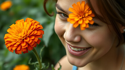 Unhappiness face with marigold flower