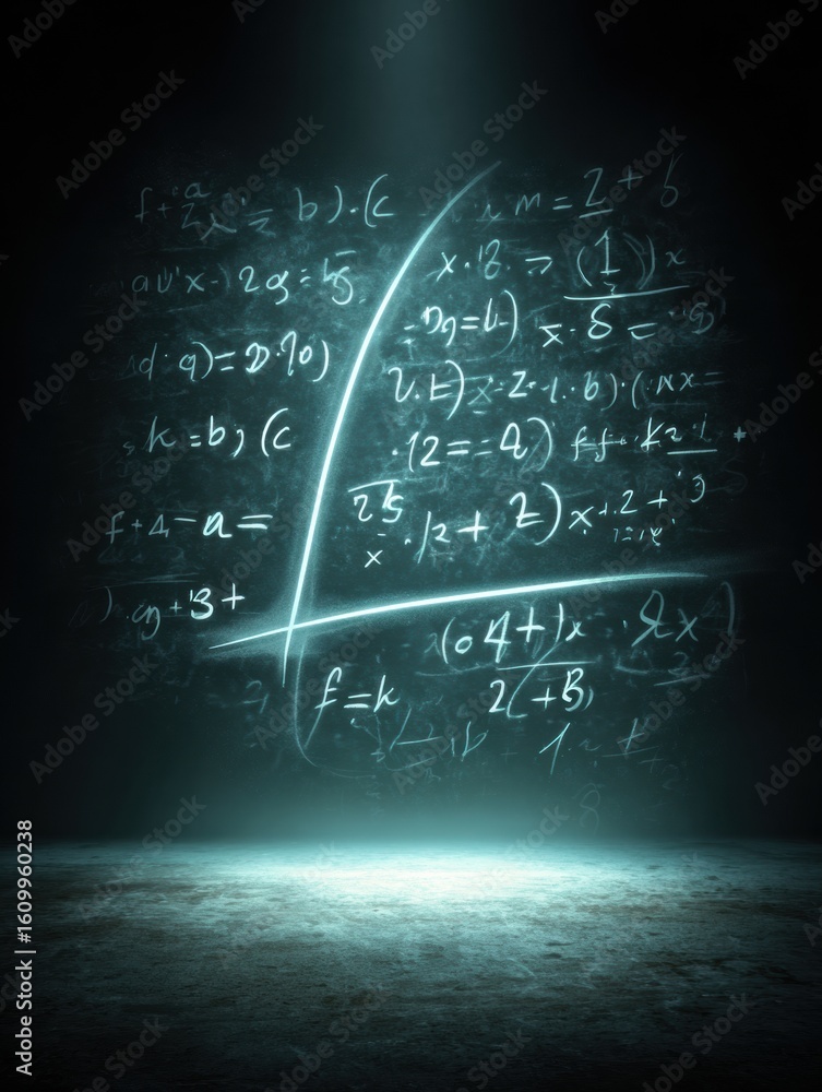 Poster glowing math equations on digital chalkboard with hand drawing in motion and ample bottom space for 