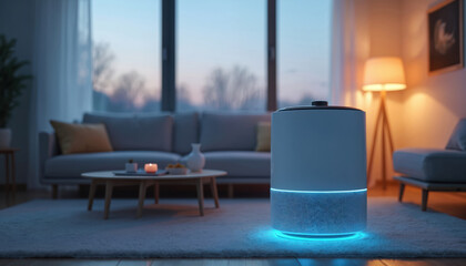 Fototapeta premium Modern smart air purifier operates in cozy living room at dusk. Device features clean lines, blue LED lighting, quiet operation. Actively cleans indoor air, removing pollutants, allergens for
