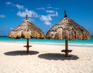 Two thatched beach umbrellas on a pristine white sand beach under a clear blue sky