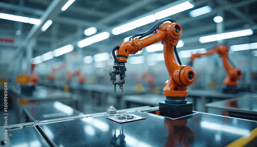 Poster robotic arms perform precise automated tasks in bright, organized factory. industrial robots assembl