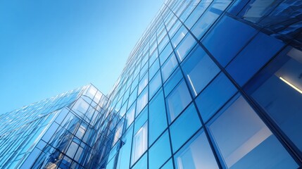 Modern Glass Building Reflects Blue Sky With Clean Advertising Display, Showcasing Contemporary Architecture and Urban Design