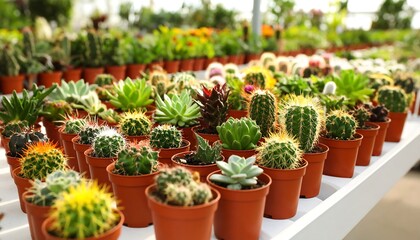 Colorful succulents and cacti in pots