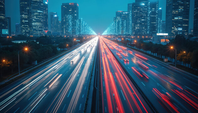 Futuristic AI system optimizes city traffic flow. Captures real-time vehicle movement, congestion patterns on highway with light trails. Smart city technology enhances urban mobility, transportation