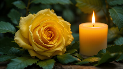 Fototapeta premium Yellow rose and candle in green leafy setting