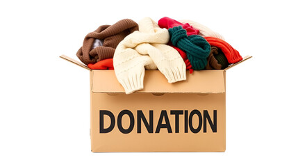 Cardboard box overflowing with warm clothing items like sweaters and scarves, representing donation, storage, or moving concepts, isolated on a transparent background