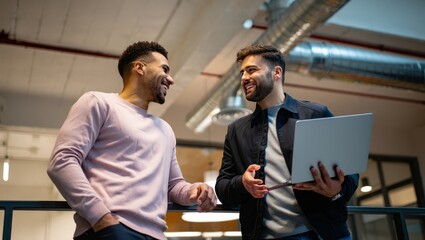 Two Young Professionals Discussing Business on Balcony