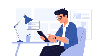 A man sits at a desk, using a tablet, with a lamp, pens, and a notebook nearby.