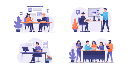 Four diverse illustrations showcasing people engaged in various office-related activities, including teamwork and presentations.