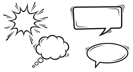 Collection of four blank speech bubbles in various comic book styles, ready for text.