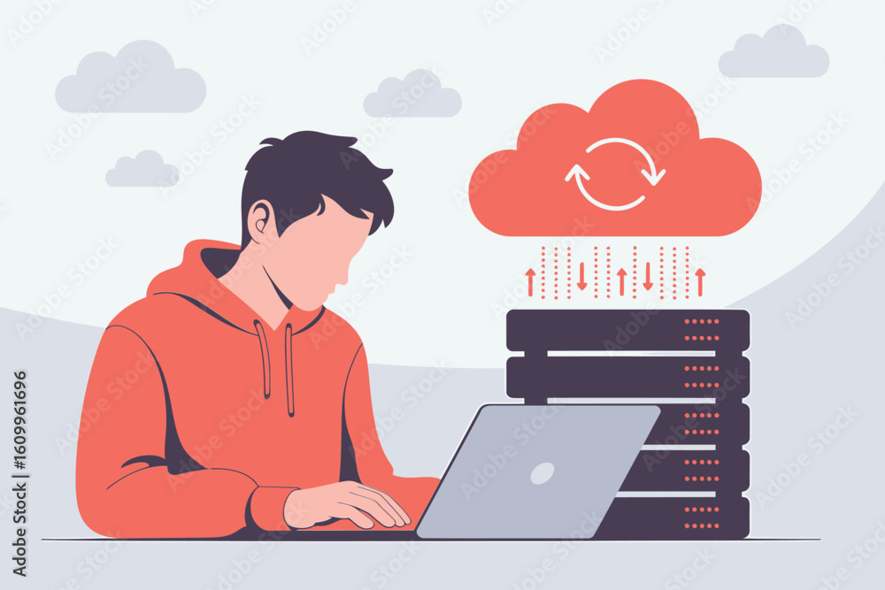 Aufkleber young it professional confidently managing server data flow with laptop, symbolizing modern cloud co