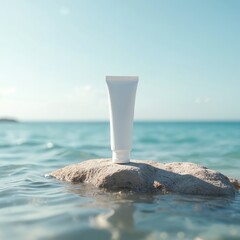 Minimalist white cosmetic tube rests on natural rock at ocean shore. Clean skincare product promotes freshness, health, relaxation with blue water, skies. Organic lotion branding or advertising.