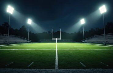 Illuminated American football field at night under bright floodlights. Empty stadium seating surrounds pristine green gridiron marked with white lines, ready for evening athletic competition. Focus