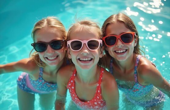 Three smiling girls in swimwear and sunglasses swim in pool. Joyful friends have fun in clear water, enjoying summer holidays together. Cute kids laughing, splashing, playing in blue water, poolside.