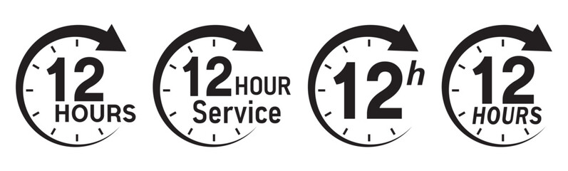 12 hours service icon vector set. 12 hours service duration sign. Vector Set of Hour Labels.  12 hours clock arrow icons, work and delivery time symbols.  12hr support sign collection.