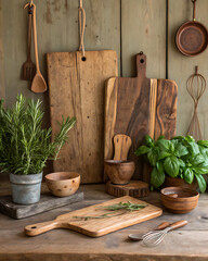 Rustic Wooden Kitchen Decor with Fresh Herbs and Utensils