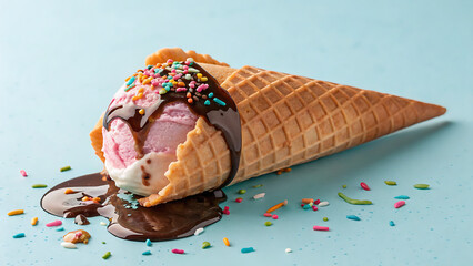 Colorful Ice Cream Cone with Chocolate Syrup and Sprinkles