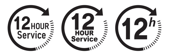 12 hours service icon vector set. 12 hours service duration sign. 12 hours clock arrow icons, work and delivery time symbols.  12hr support sign collection. hours clock arrow on white background.