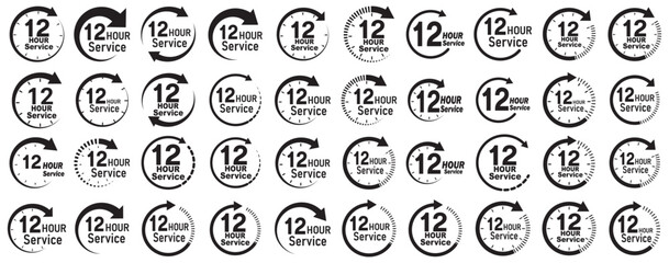 12 hours service icon vector set. 12h duration sign. 12 hours clock arrow icons, work and delivery time symbols.  12hr support sign collection. 12 hours icon vector set.