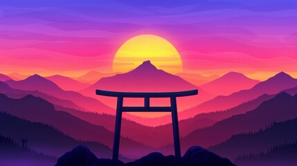 A serene twilight scene featuring a traditional gate framed by majestic mountains, evoking tranquility and beauty.