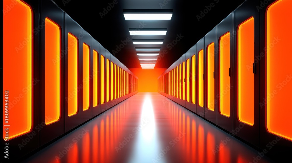 Poster discover a sleek data storage server room featuring a glowing switchboard that symbolizes global net