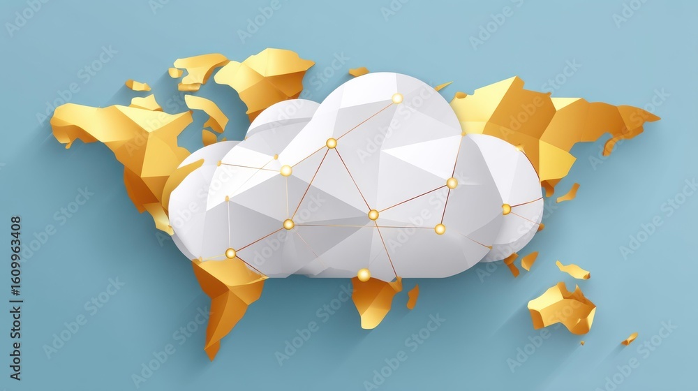 Poster a striking cloud computing concept showcasing connections and icons against an abstract world map fo