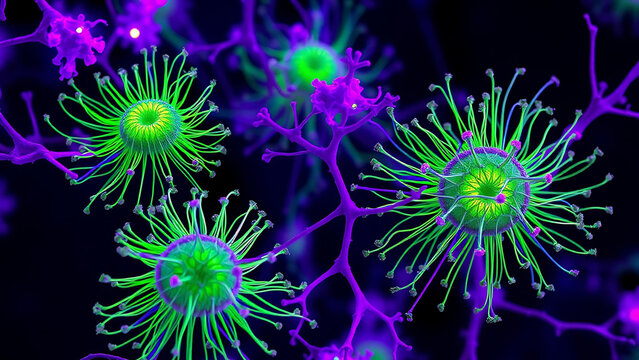Femtosecond spectroscopy visualization:
1. [Phenomenon] Exciton energy transfer in chlorosomes
2. [Detail] Quantum coherence patterns (fractal waves)
3. [Color] Purple exciton paths on green antennae
