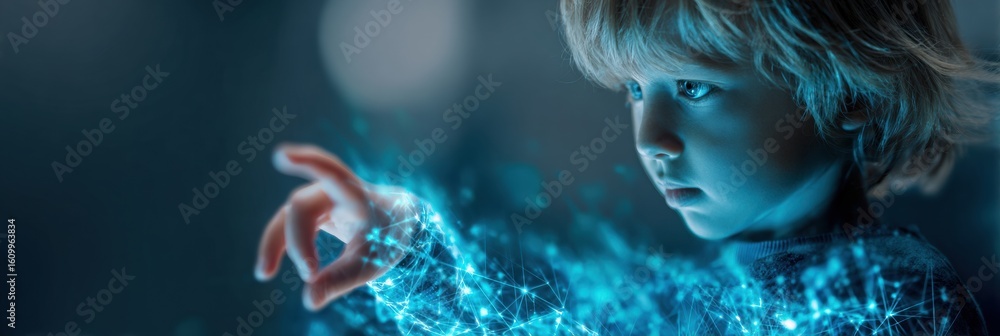 Poster child engages with ai-driven educational tools featuring a glowing interface in a clean environment,