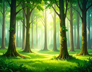 Lush forest glade bathed in sunlight