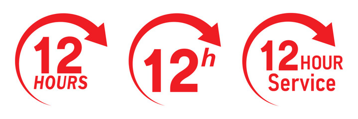 12 hours service icon vector set. Red 12h duration sign. Red 12 hours clock arrow icons, work and delivery time symbols. Red 12hr support sign collection. 12 hours icon vector set.