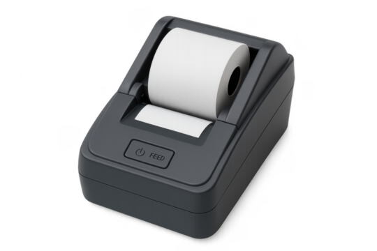 Modern Receipt Printer with Blank Paper Roll on Transparent Background