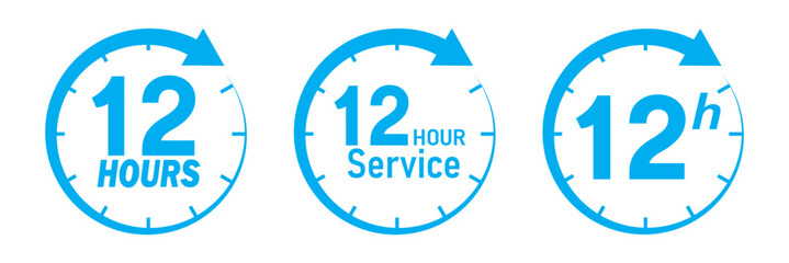 Blue 12 hours service icon. Blue 12 hours service duration sign. Blue 12 hours or half day icon with circle arrow. Shipping delivery symbol. Twelve hour delivery clock icon graphic. Hours time arrow.