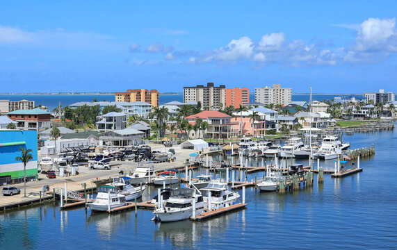 Aeral view of Fort Myers Beach downtown skyline and the Mantanza Pass Waterway and the Gulf.