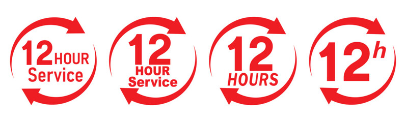 12 hours service icon vector set. Red 12h duration sign. Red 12 hours clock arrow icons, work and delivery time symbols. Red 12hr support sign collection. 12 hours icon vector set.