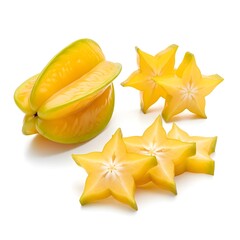 Fototapeta premium Whole starfruit (carambola) and sliced pieces, isolated on white background, high detail