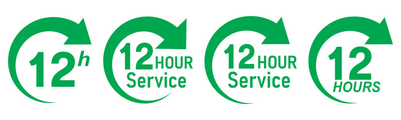 Green 12 hours service icon set. 12 hours service duration sign. Twelve hour delivery clock icon graphic. Green 12 hours clock arrow icons,12 hr delivery time symbols. Shipping delivery symbol. 
