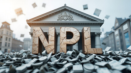 The word "NPL" with a bank in the background symbolizes the continuous rise of formal and informal debt. Economic problems and the impact of non-performing loans. Financial crisis.
