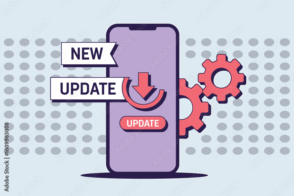 Poster dynamic mobile app update process with progress indicator and gears symbolizing system operation, pe