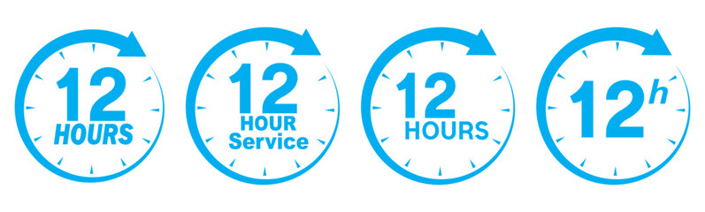 Blue 12 hours service icon set. Blue 12 hours service duration sign. Twelve hour delivery clock icon graphic. 12 hours clock arrow icons,12 hr delivery time symbols. Shipping delivery symbol. 