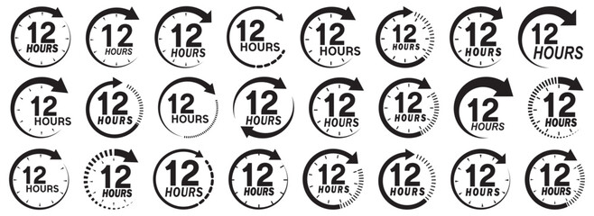 12 hours service icon vector set. 12h duration sign. 12 hours clock arrow icons, work and delivery time symbols.  12hr support sign collection. 12 hours icon vector set.