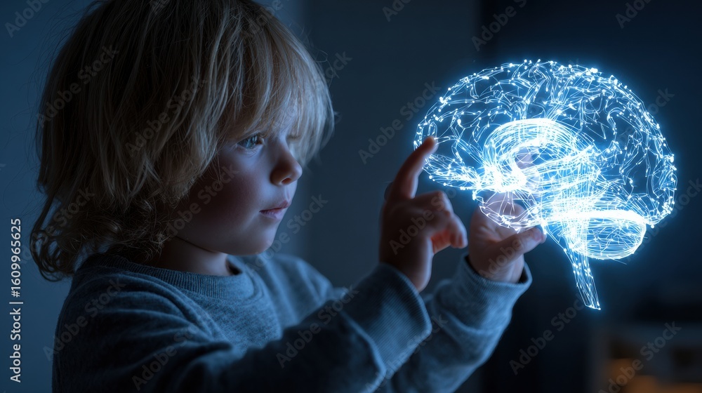 Poster child interacts with digital brain projection to explore future learning concepts in a modern educat