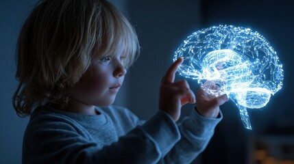 Child Interacts With Digital Brain Projection to Explore Future Learning Concepts in a Modern Educational Environment