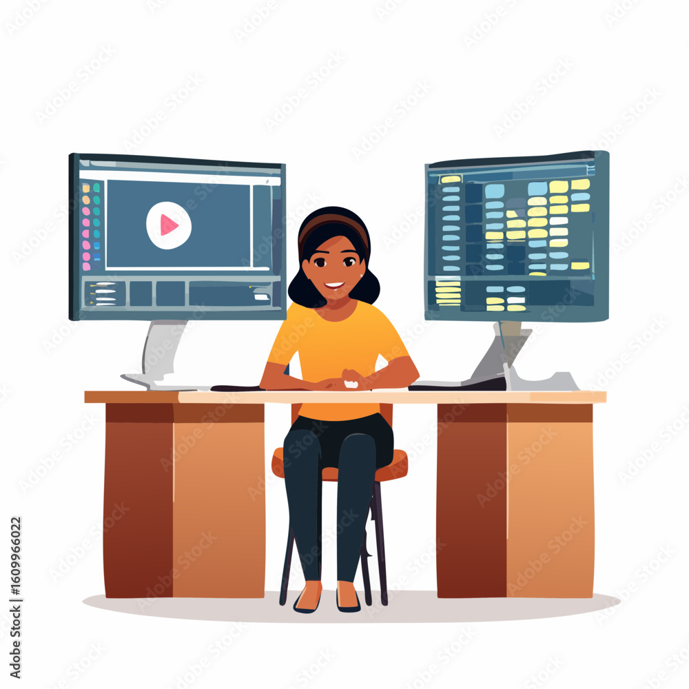 Poster woman working at a desk with two computer monitors showing video editing software