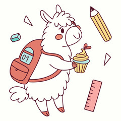 Cute SVG of a Loving Sad Llama in Chalkboard Fun colors, featuring holding a cupcake in a Back to school setting