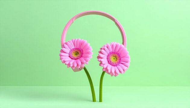 Diseño creativo con flores rosas imitando auriculares sobre fondo verde vibrante, estilo lúdico y colorido - Powered by Adobe