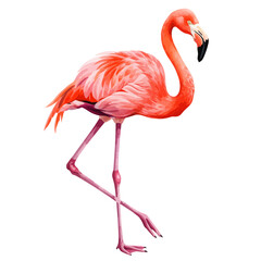Fototapeta premium Vibrant pink flamingo bird standing on one leg isolated on a clean white background