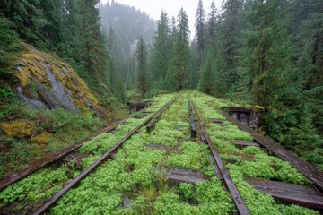 Decaying railway tracks overgrown with lush greenery, shrouded in misty forest