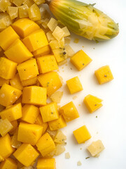 Mango slice cut to cubes isolated on white background