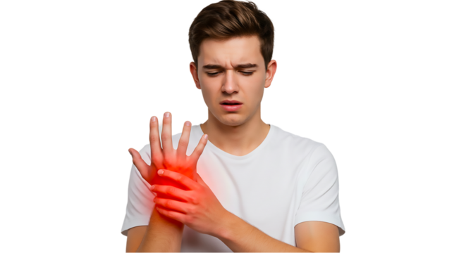 A young man with a painful expression holding his wrist with a red glow indicating pain area on black
